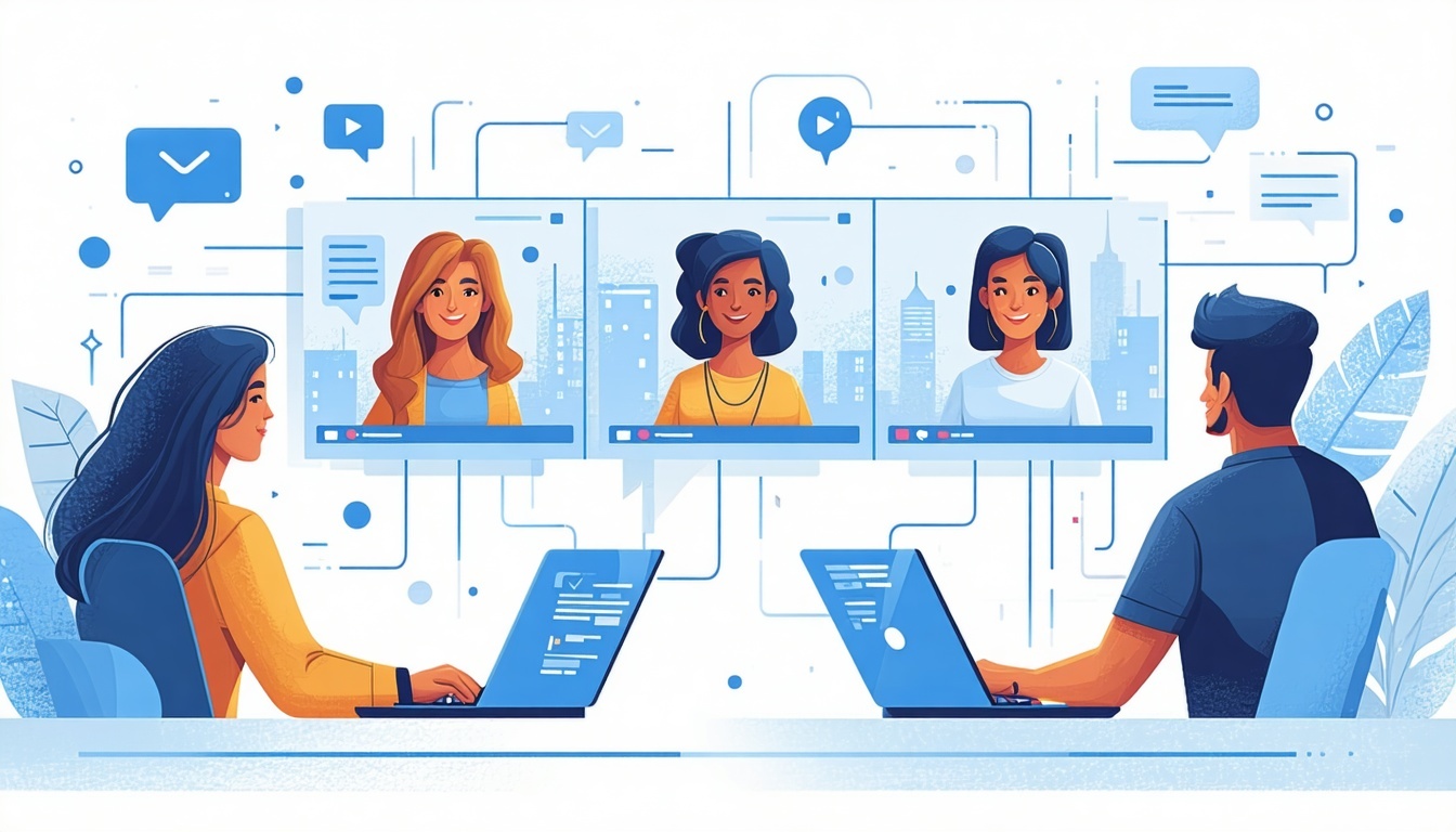 A clean modern illustration of a virtual webinar in progress  showing professionals engaging through laptop screens with subtle digital elements like chat bubbles video icons or connection lines Use a warm inviting color palette with soft gradients a