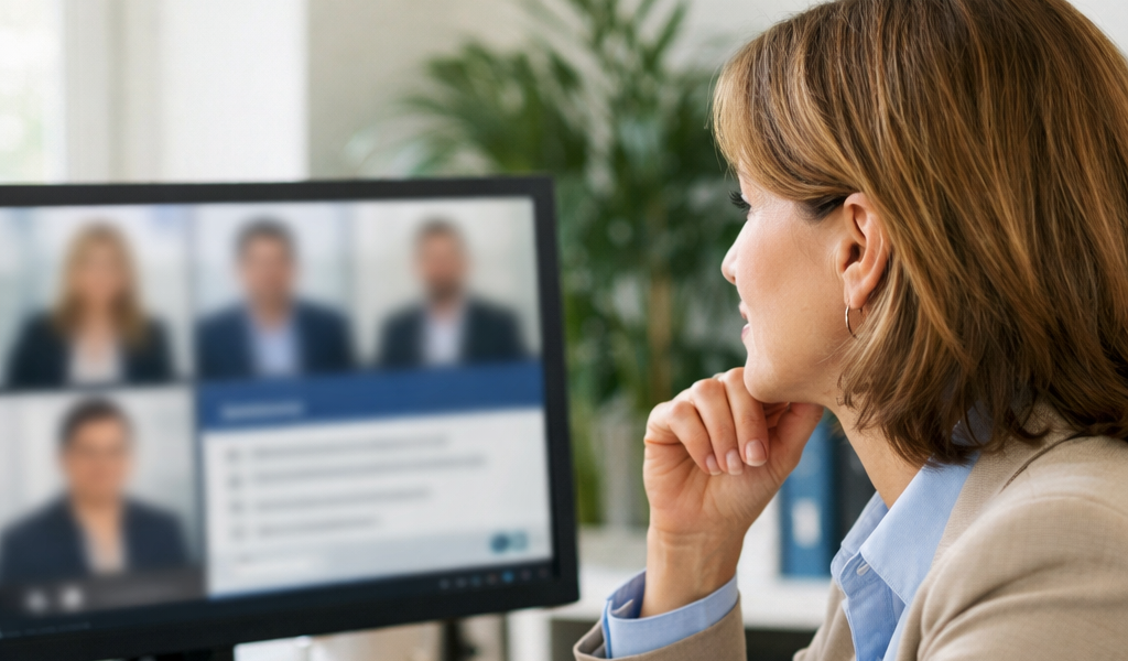 Professional Woman in Office with Plant Watching Webinar-1-1