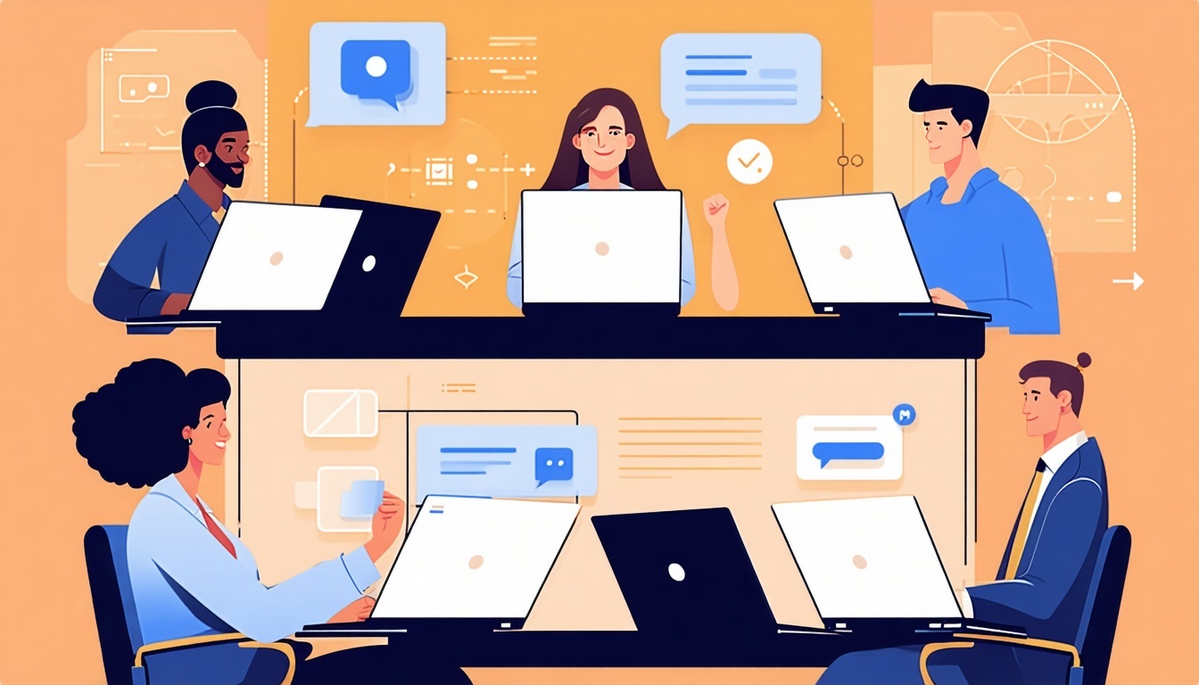 clean modern illustration of a virtual webinar in progress  showing professional figures engaging through laptop screens with subtle digital elements like chat bubbles icons or connection lines Warm inviting color palette with soft gradients and blue-2